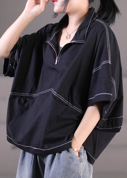 Black Zip Up Drawstring Cotton Sweatshirt Short Sleeve