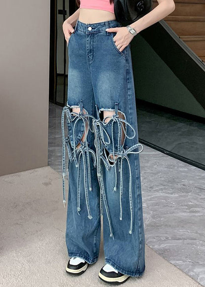 Modern Blue Bow Hole High Waist Denim Pants Summer