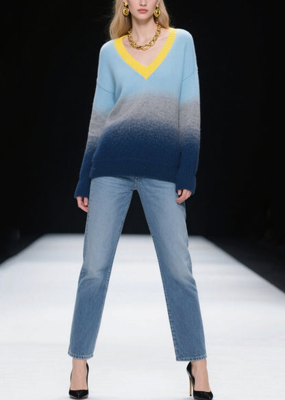 Mixed Color V Neck Warm Knitted Tops Winter