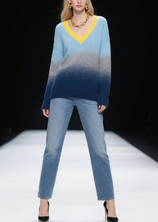 Mixed Color V Neck Warm Knitted Tops Winter