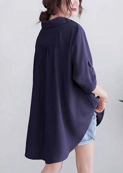Navy Loose Cotton Tops Peter Pan Collar Summer