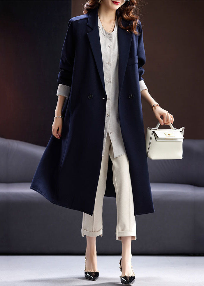 Blue Notched Button Pockets Long Coats Fall