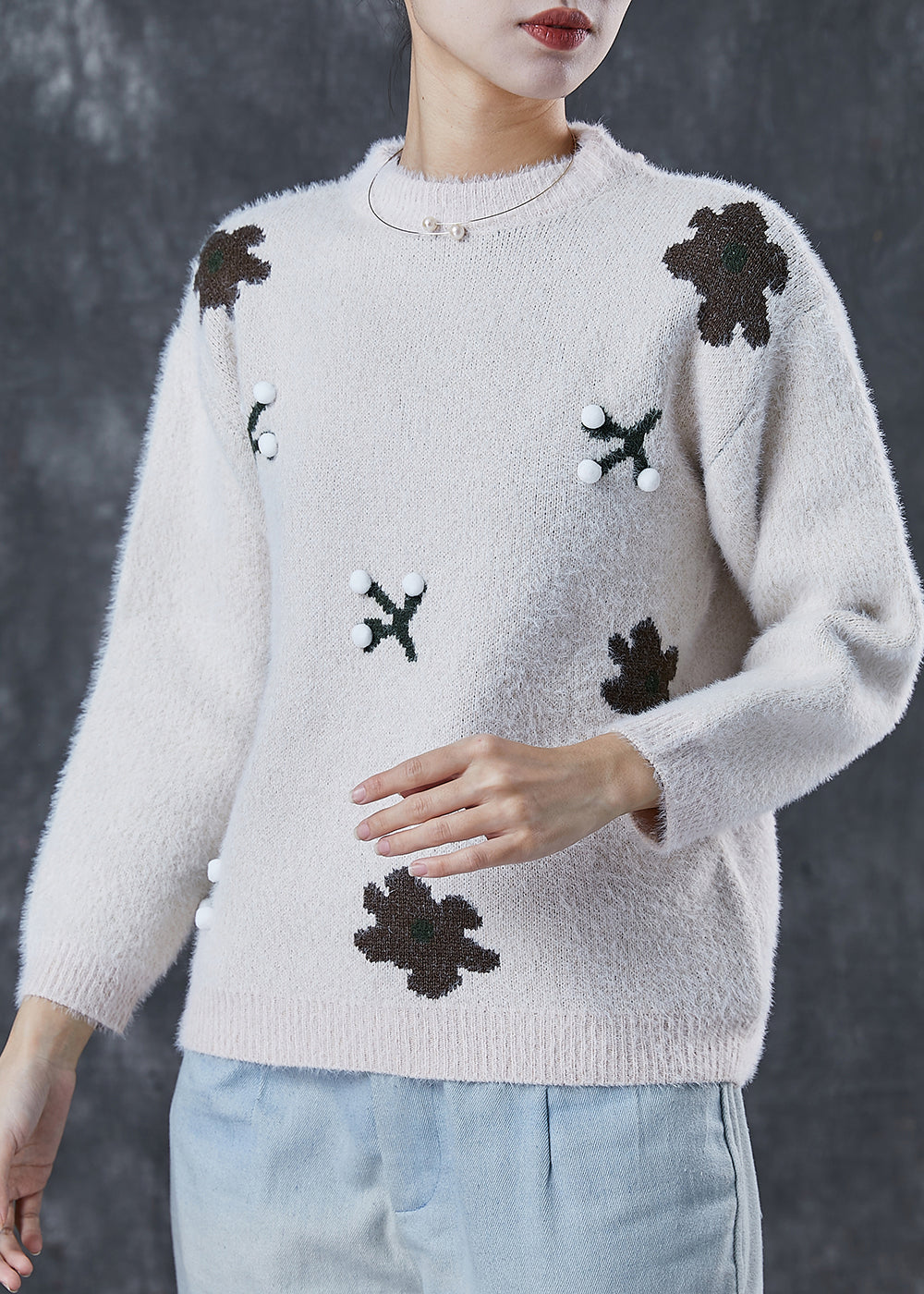 Handmade Khaki Fuzzy Ball Decorated Warm Knit Pullover Winter