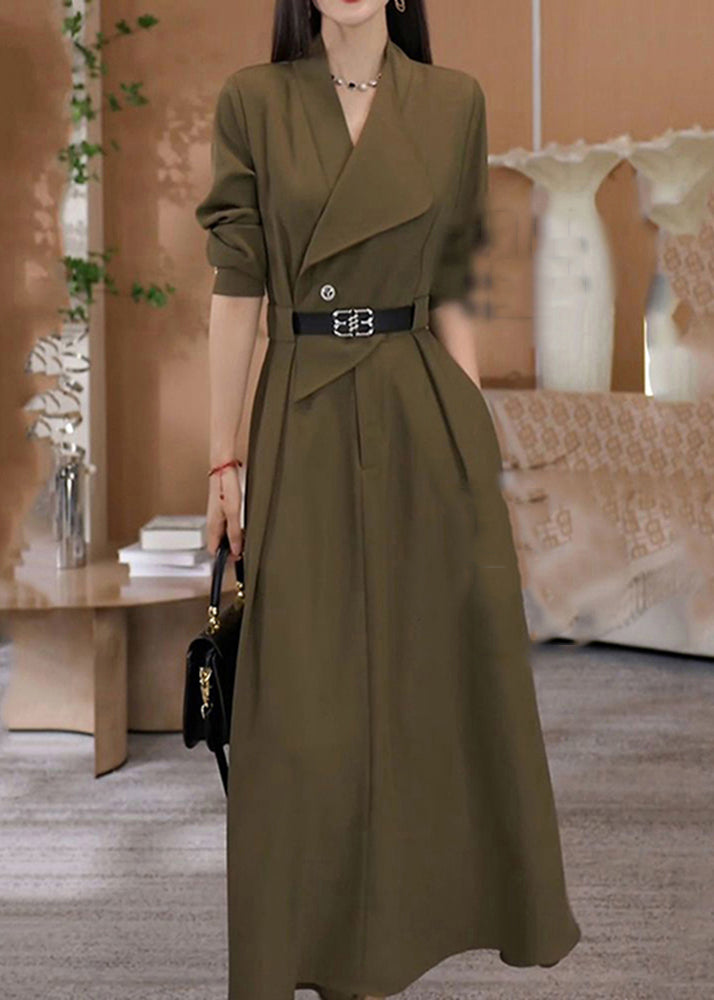 Green V Neck Waist Sashes Cotton Long Dresses Fall