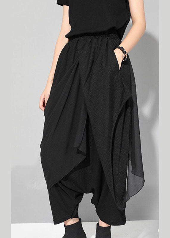 Black Chiffon Patchwork Asymmetrical Design Fall Pants