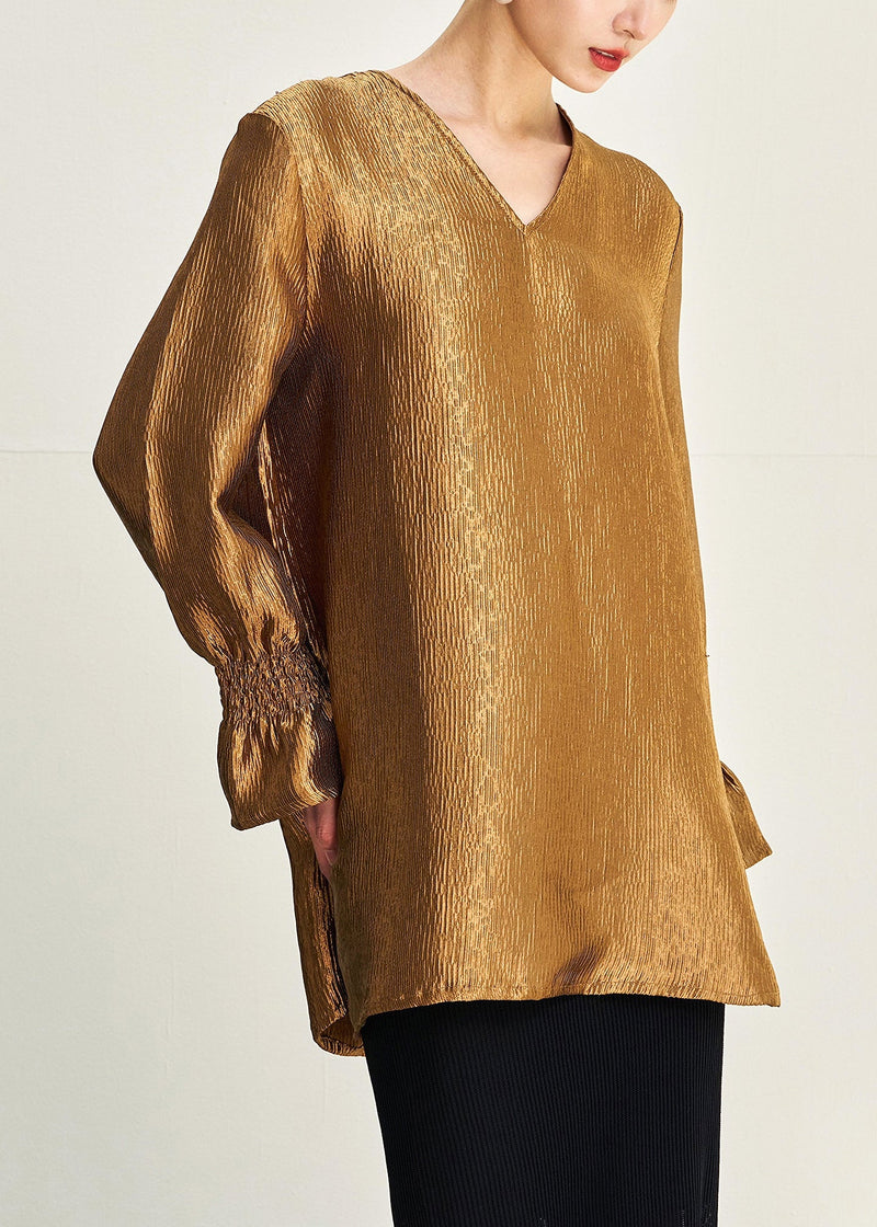 New Gold V Neck Side Open Silk Shirt Fall