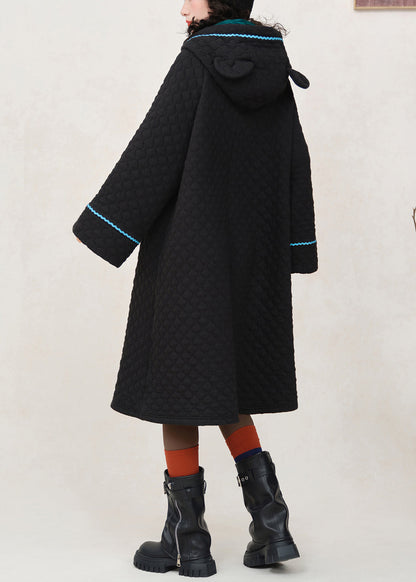 Loose Black Hooded Embroidered Pockets Cotton Filled Dress Spring