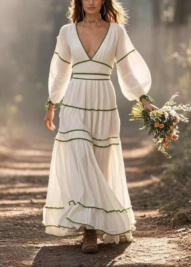 White V Neck Exra Large Hem Cotton Dresses Spring