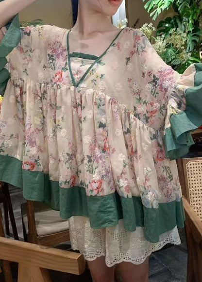 Loose V Neck Embroidered Cotton Shirt Tops Butterfly Sleeve