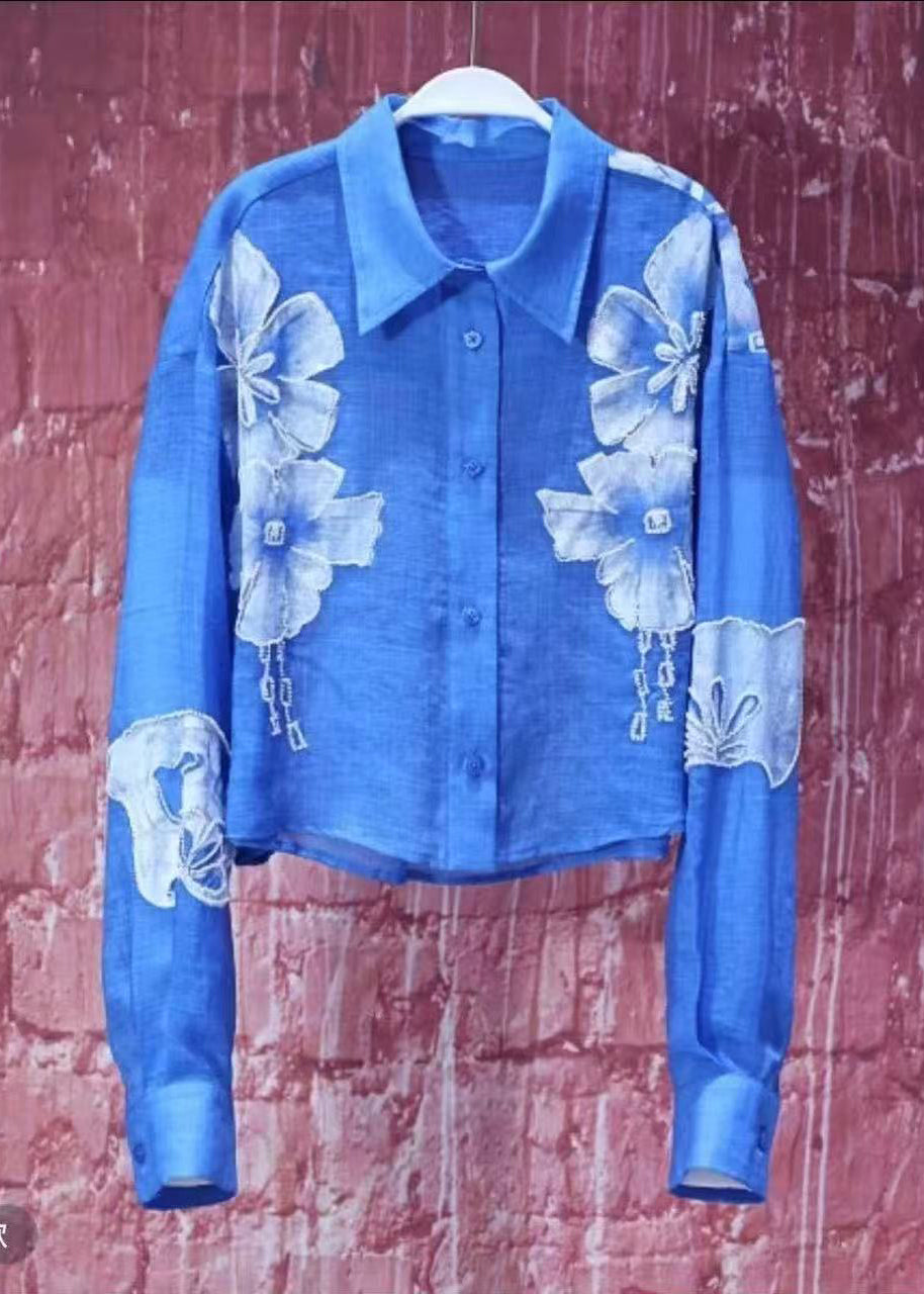 Modern Blue Peter Pan Collar Cotton Blouses Fall