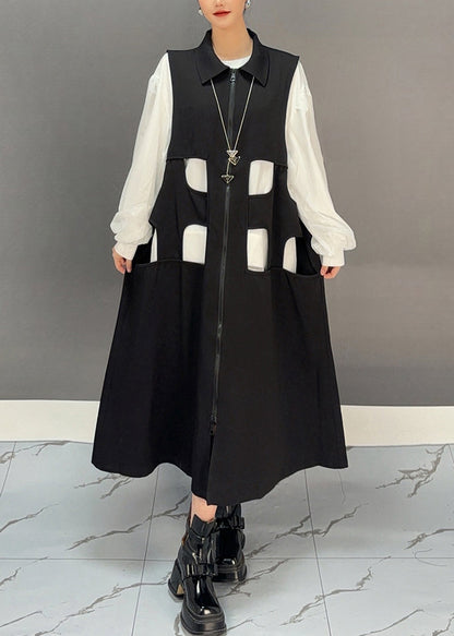 Black Zippered Patchwork Hollow Out Long Waistcoat Dress Spring