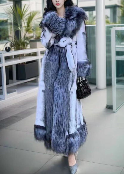 Natural White Fox Collar Tie Waist Leather and Fur Maxi Coats Winter