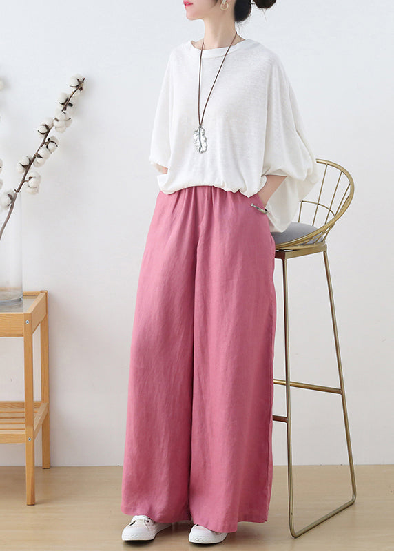 Pink Elastic Waist Pockets Linen Wide Leg Pants Fall