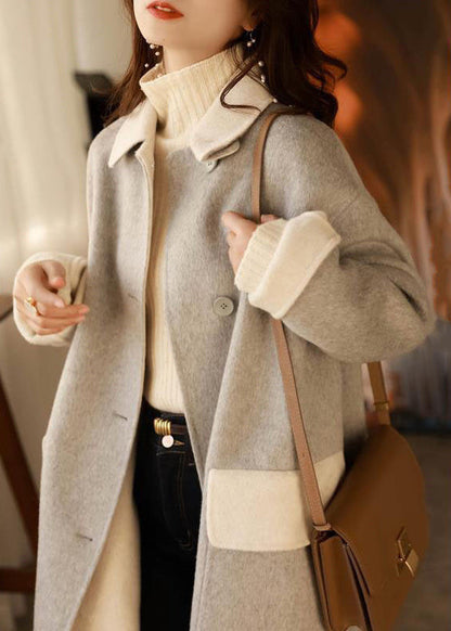 Grey Button Pockets Patchwork Woolen Long Coat Fall