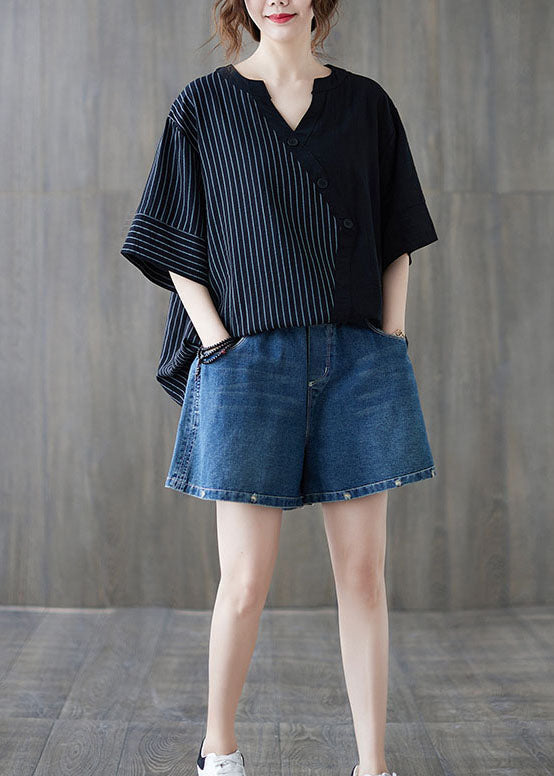 Black V Neck Striped Cotton Blouse Tops Half Sleeve