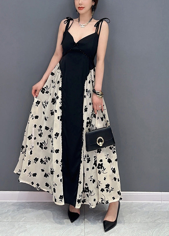 Black Bustier Top Patchwork Print Silk Spaghetti Strap Dress Summer