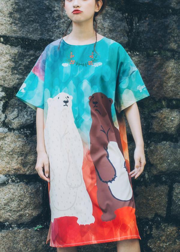 Blue Print O-neck Animal Summer Dresses Short Sleeve
