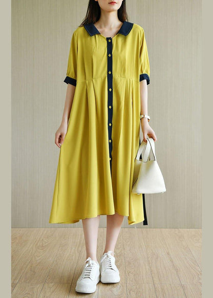 Handmade Yellow Square Collar Button Summer Chiffon Dresses Half Sleeve