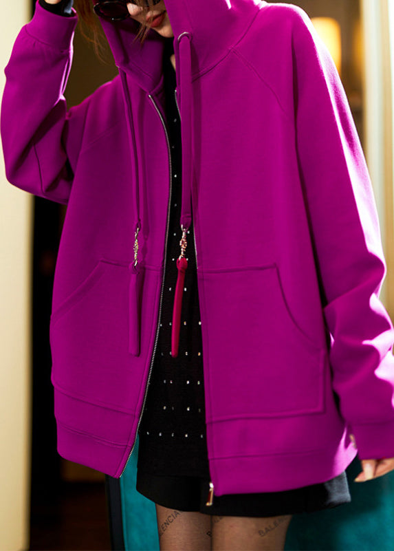 Purple Hooded Zippered Pockets Cotton Coats Spring