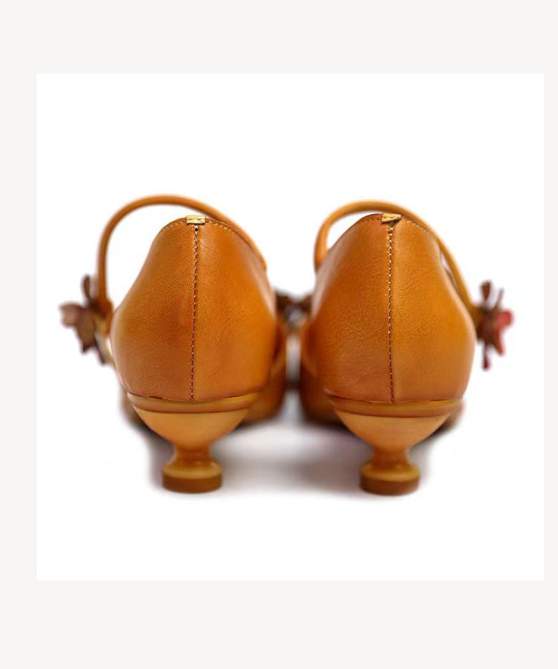 Yellow Sandals Kitten Cowhide Leather Simple Splicing
