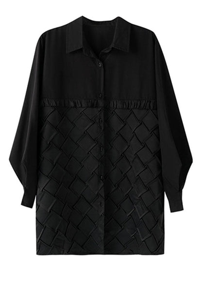 Italian Black Peter Pan Collar Ruffled Patchwork Plaid Shirts Spring
