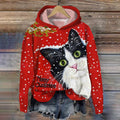 Christmas Cat Print Long Sleeve Casual Hoodie elevenforest