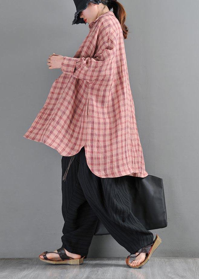 Handmade Pink Plaid Peter Pan Collar Cotton Shirts Summer