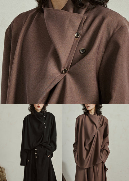 Fine Coffee Asymmetrical Button Shirt Lantern Sleeve Spring