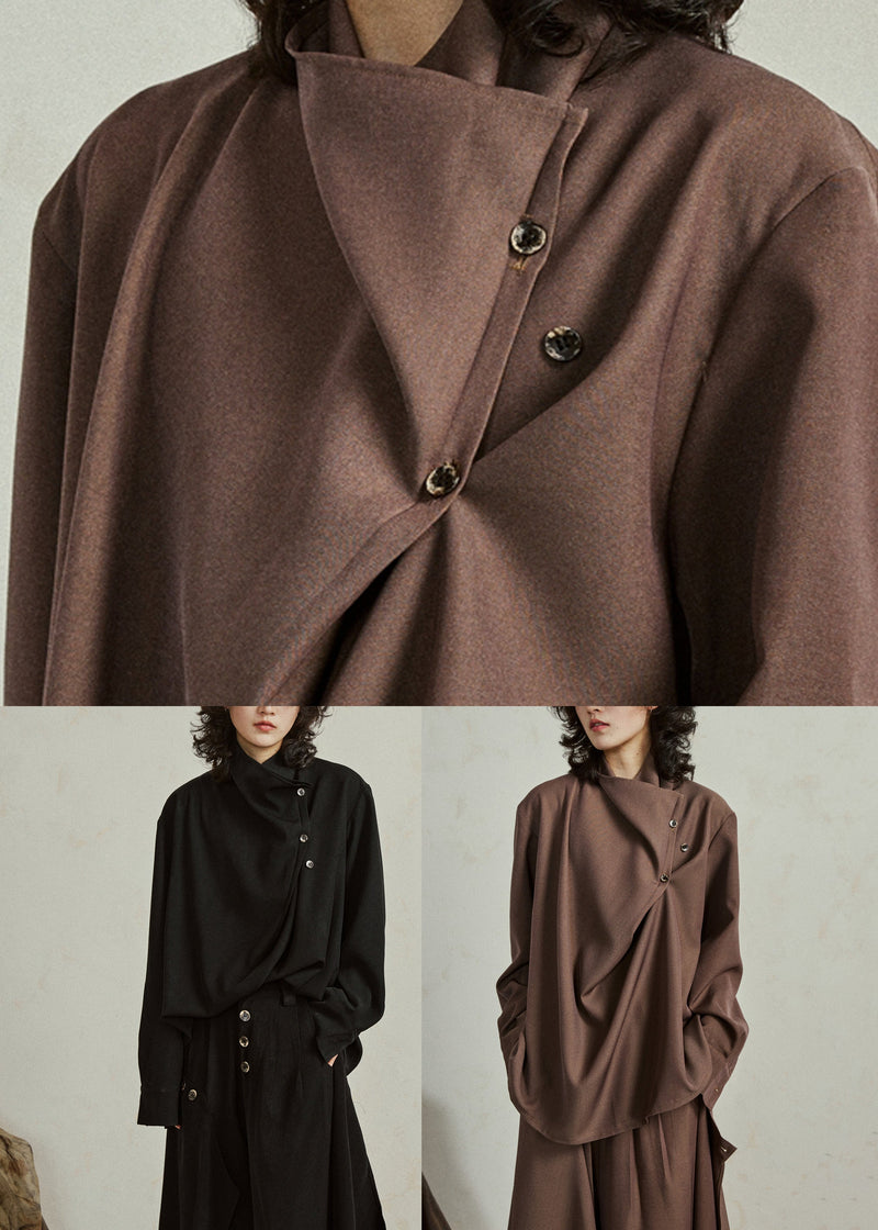 Fine Coffee Asymmetrical Button Shirt Lantern Sleeve Spring