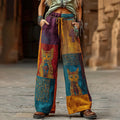 Comstylish Women's Vintage Ancient Egyptian Cat Art Patchwork Linen Blend Pants