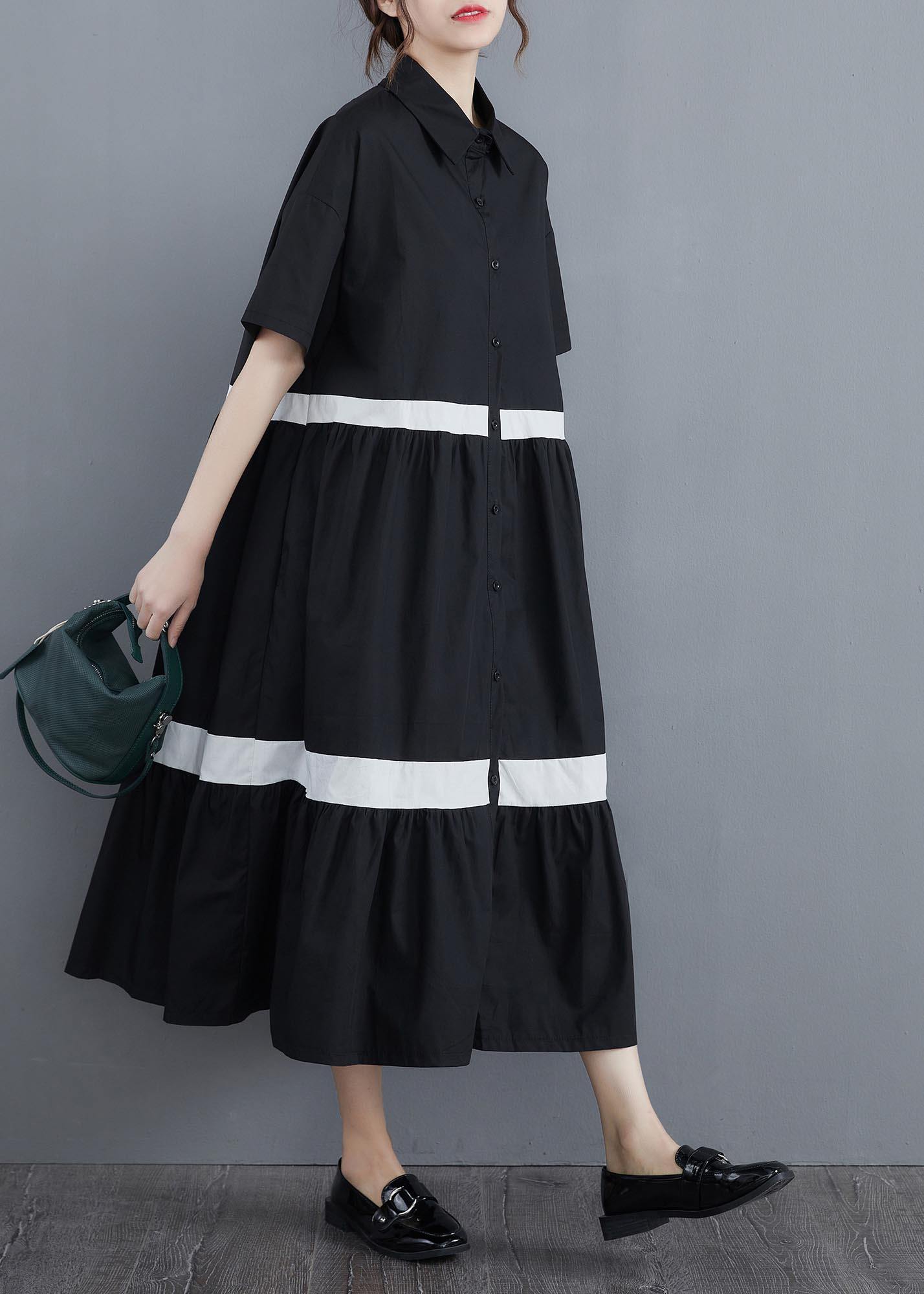 Style Black Patchwork Cotton Button Summer Vacation Dresses