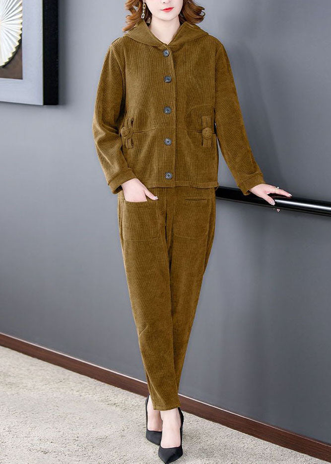 Boutique Yellow Hooded Pockets Corduroy Coats and Pants Two Pieces Set Long Sleeve