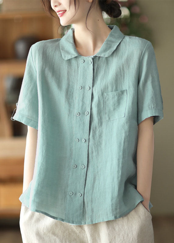 Light Blue Double Breast Linen Shirt Tops Short Sleeve