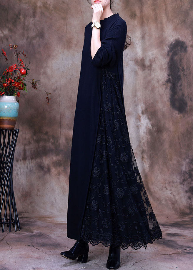 Diy Black Knit Patchwork Fall Long Sleeve Dresses
