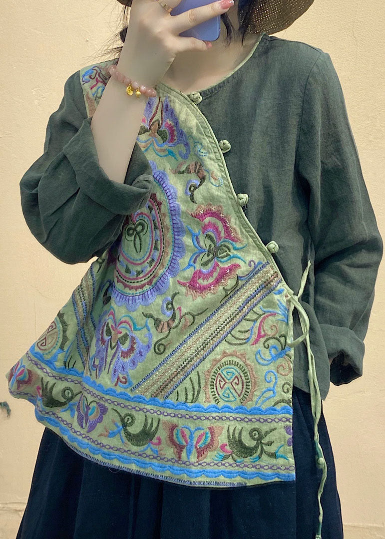 Army Green Embroideried Linen Tops Asymmetrical Long Sleeve