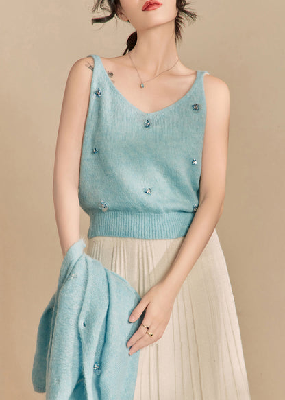 Art Blue Button Cardigans and Tank Knit Two Piece Set Spring