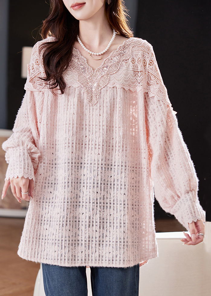 Pink Nail Bead Hollow Out Lace Shirt Spring