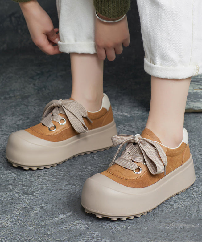 Splicing Platform Flat Shoes Brown Cowhide Leather Lace Up