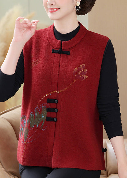 Red Embroidered Knit Waistcoat Sleeveless