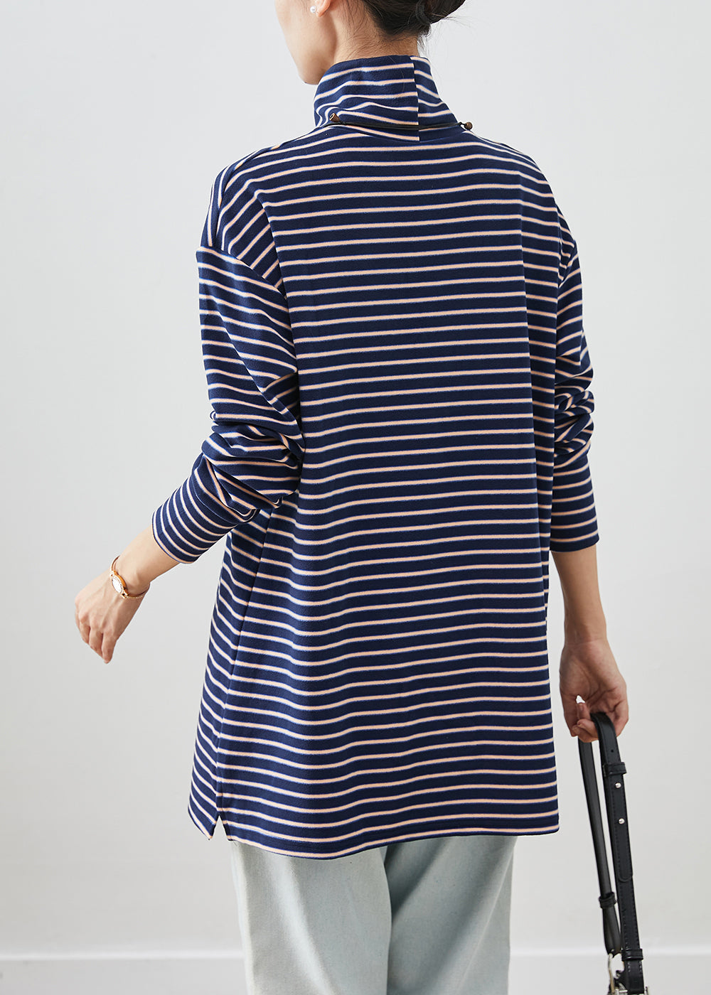 Blue Turtle Neck Striped Cotton Shirt Top Fall