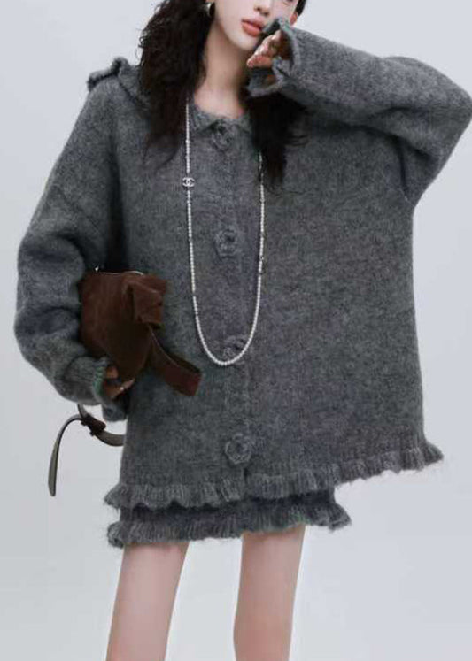 Grey Cotton Knit Hooded Cardigan and Skirts Two Pieces Set Puff Sleeve