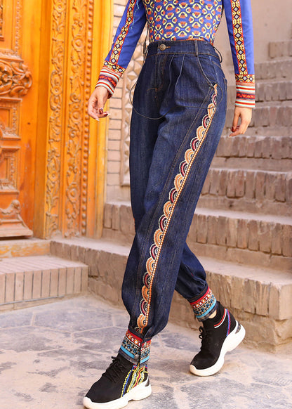 Blue High Waist Print Cotton Denim Beam Pants Spring