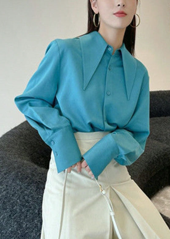 Blue Peter Pan Collar Button Draping Shirt Long Sleeve