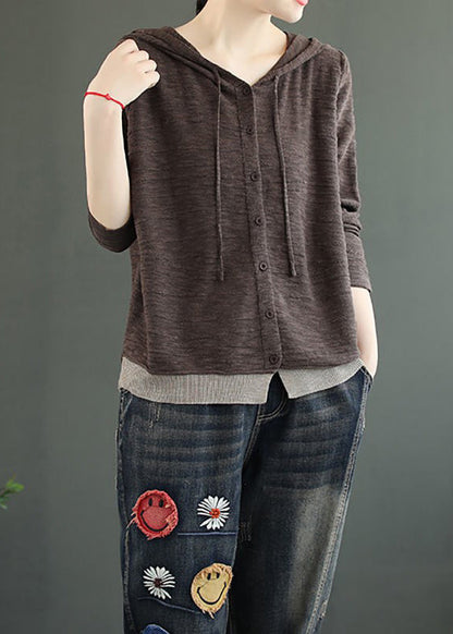 Coffee Hooded Button Patchwork Knitting Cotton Top Fall