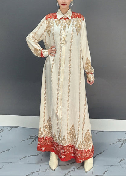 Red Print Button Holiday Maxi Shirts Dresses Fall