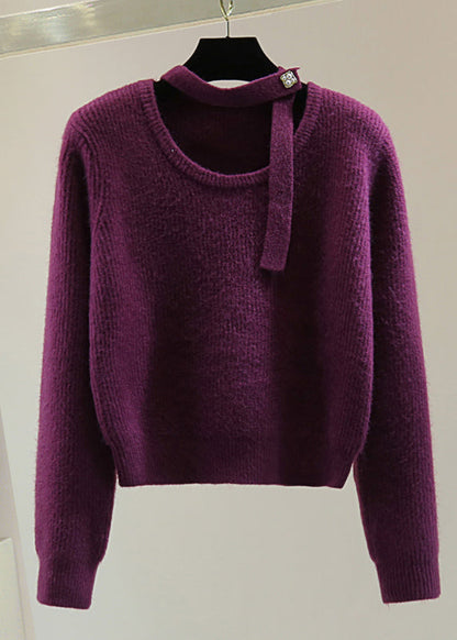 Purple O-neck Cozy Cotton Knit Sweaters Winter