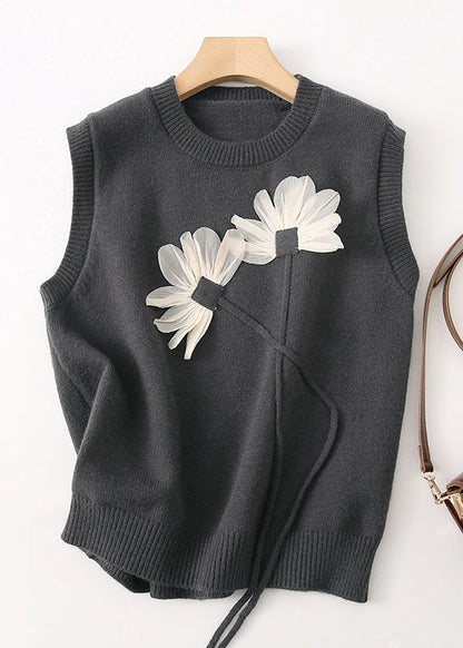 Stylish Black O Neck Patchwork Knit Vest Tops Sleeveless
