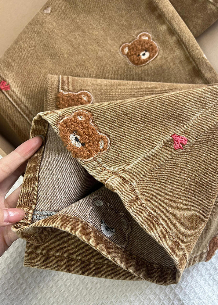 Coffee Embroidered Lace Patchwork Denim Straight Pants Spring