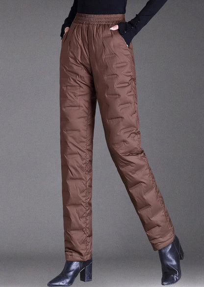 Brown Pockets Elastic Waist Duck Down Filled Pants Winter