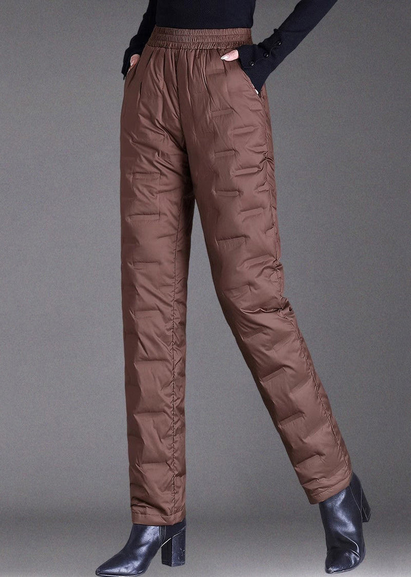 Brown Pockets Elastic Waist Duck Down Filled Pants Winter